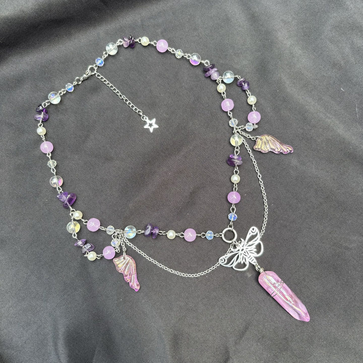 Collier ras du cou superposé papillon en cristal rose améthyste Olivenorma