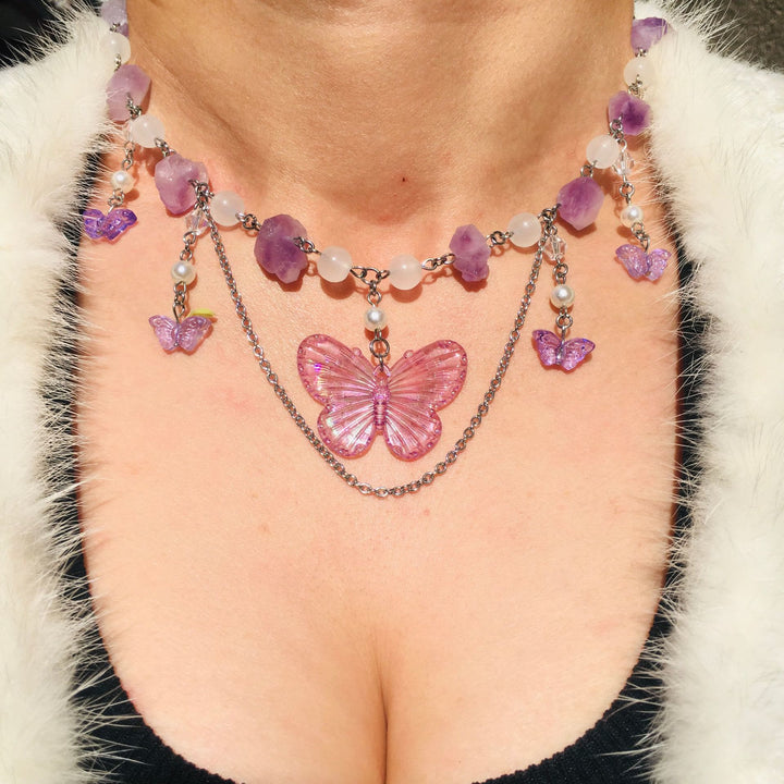 Collier ras du cou superposé en cristal transparent améthyste Olivenorma