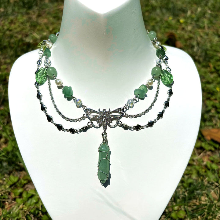Collier ras du cou superposé avec pendentif papillon en aventurine verte Olivenorma