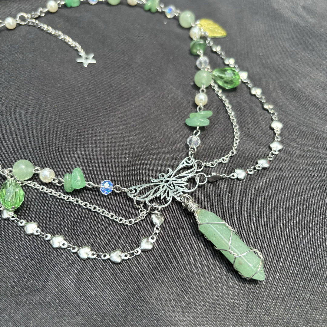 Collier ras du cou superposé avec pendentif papillon en aventurine verte Olivenorma