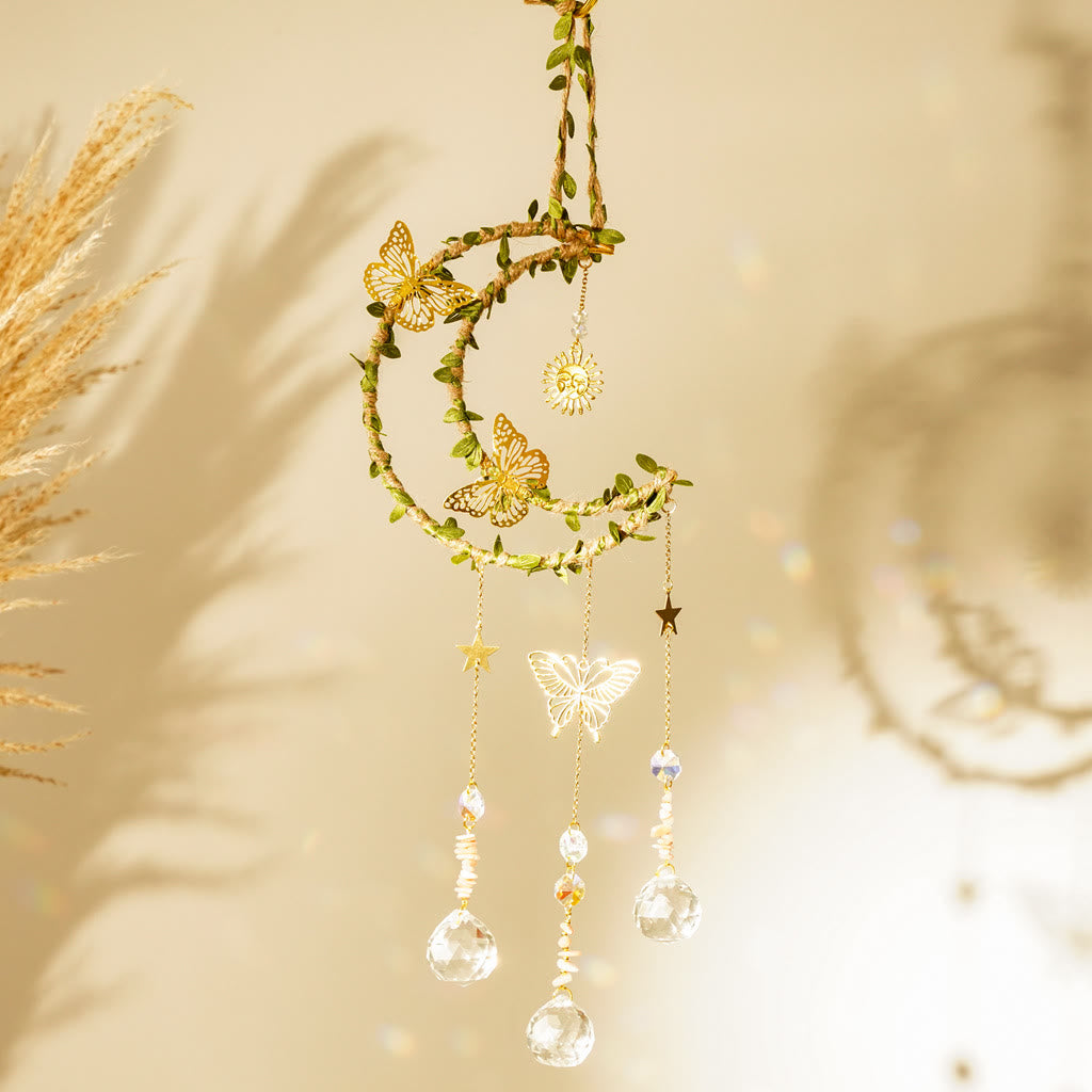 Carillon à vent Olivenorma en cristal naturel, vigne, lune et papillon