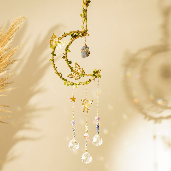 Carillon à vent Olivenorma en cristal naturel, vigne, lune et papillon