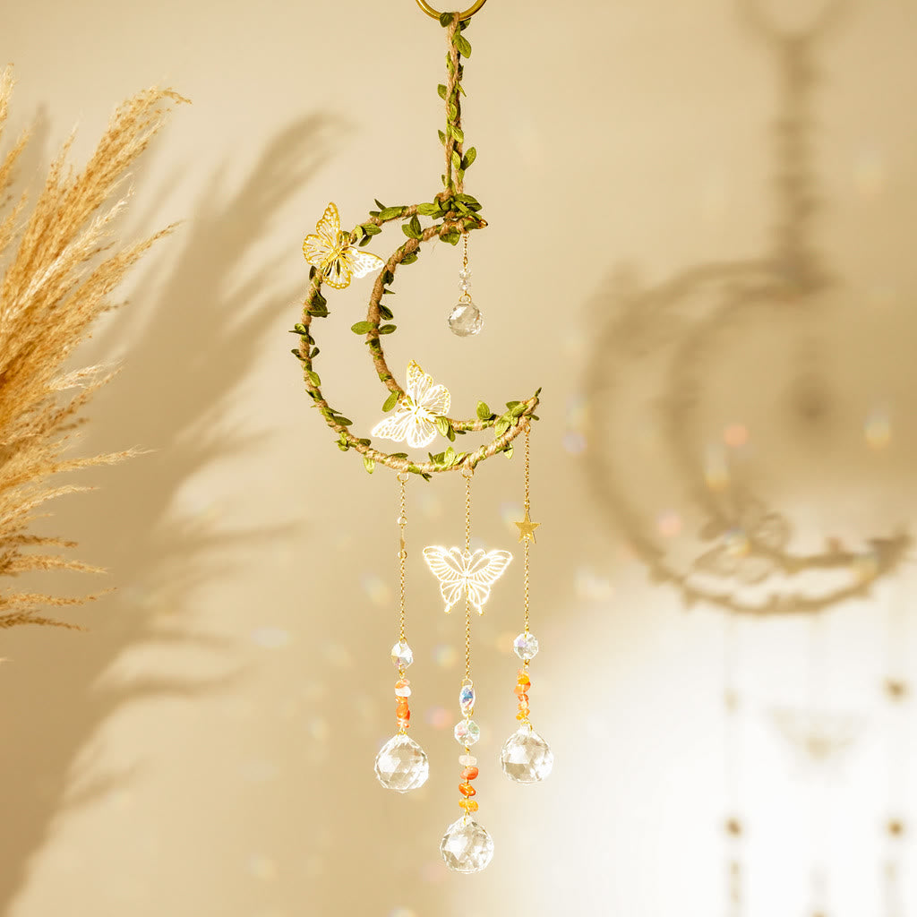 Carillon à vent Olivenorma en cristal naturel, vigne, lune et papillon