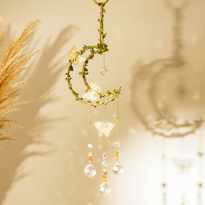 Carillon à vent Olivenorma en cristal naturel, vigne, lune et papillon