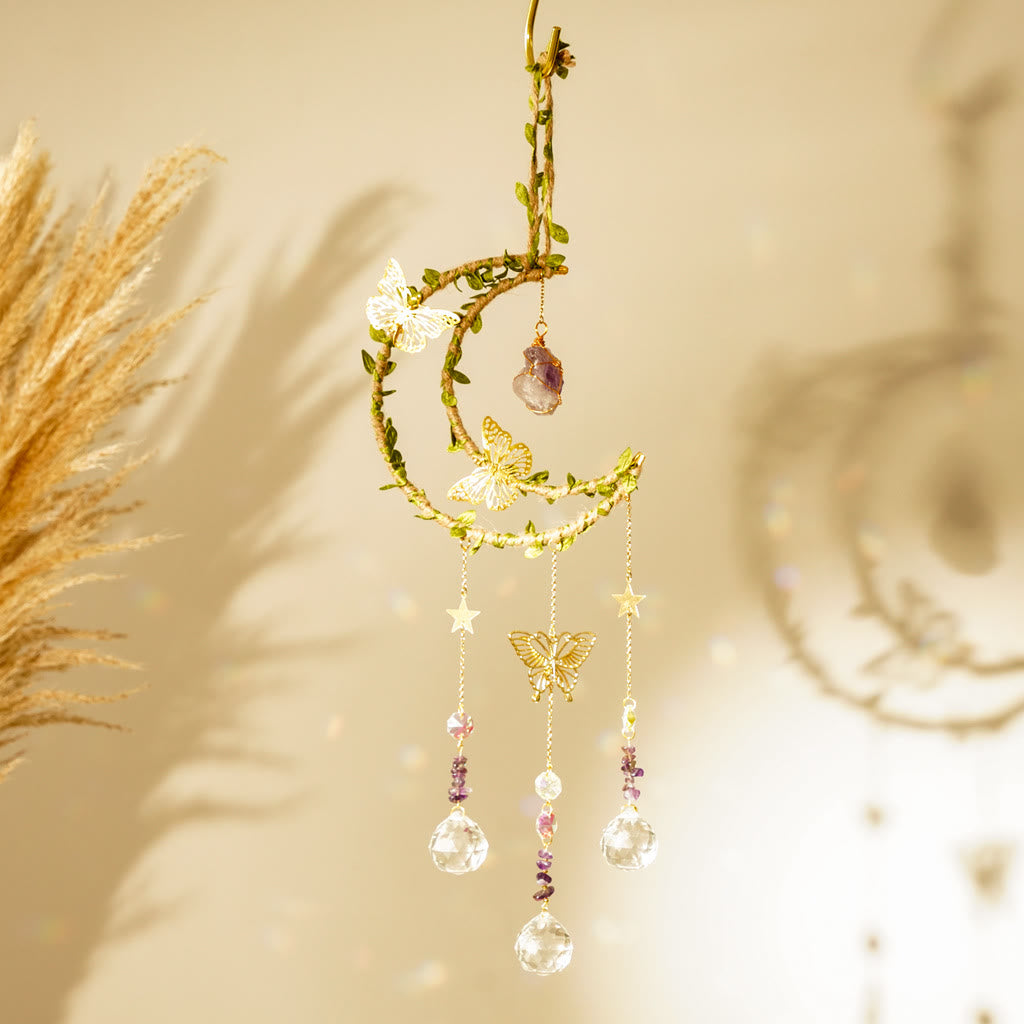 Carillon à vent Olivenorma en cristal naturel, vigne, lune et papillon