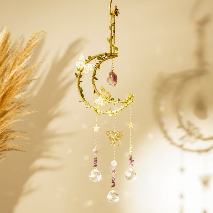 Carillon à vent Olivenorma en cristal naturel, vigne, lune et papillon