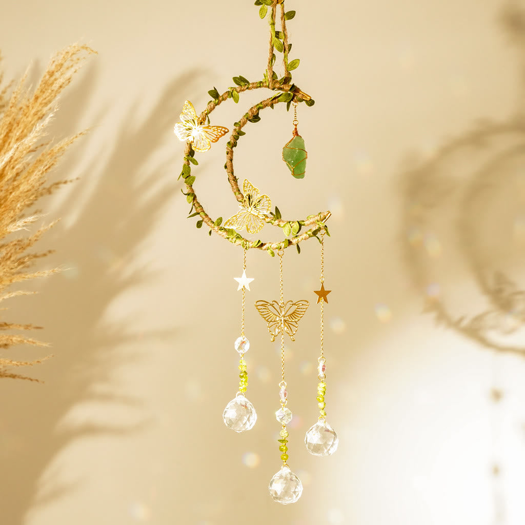 Carillon à vent Olivenorma en cristal naturel, vigne, lune et papillon