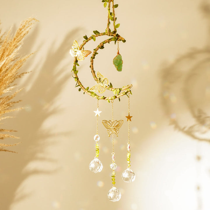 Carillon à vent Olivenorma en cristal naturel, vigne, lune et papillon