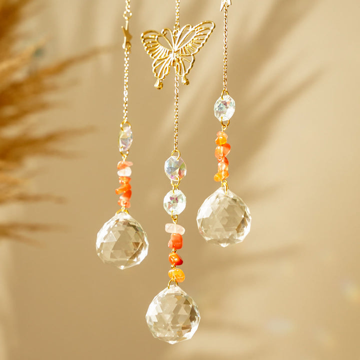 Carillon à vent Olivenorma en cristal naturel, vigne, lune et papillon