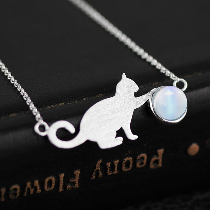 Bracelet pendentif chat en argent et pierre de lune Olivenorma