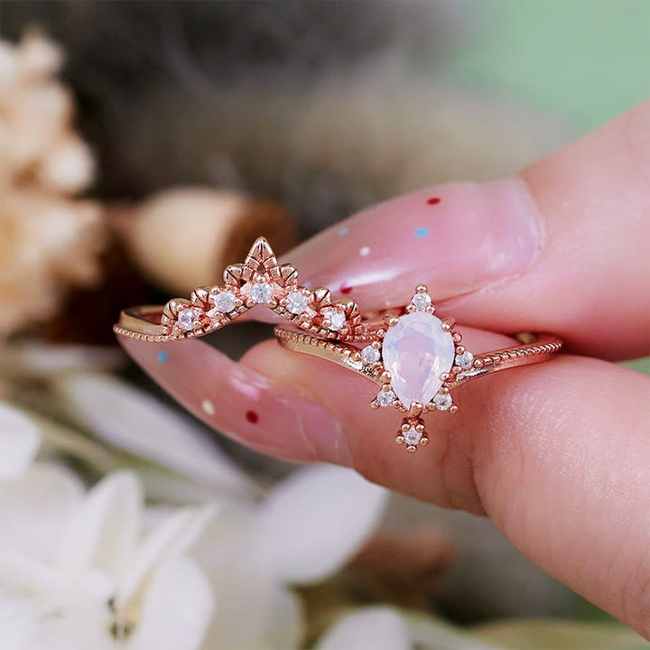 Olivenorma Lot de 2 bagues couronne en opalite et diamants synthétiques