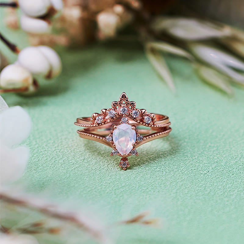 Olivenorma Lot de 2 bagues couronne en opalite et diamants synthétiques