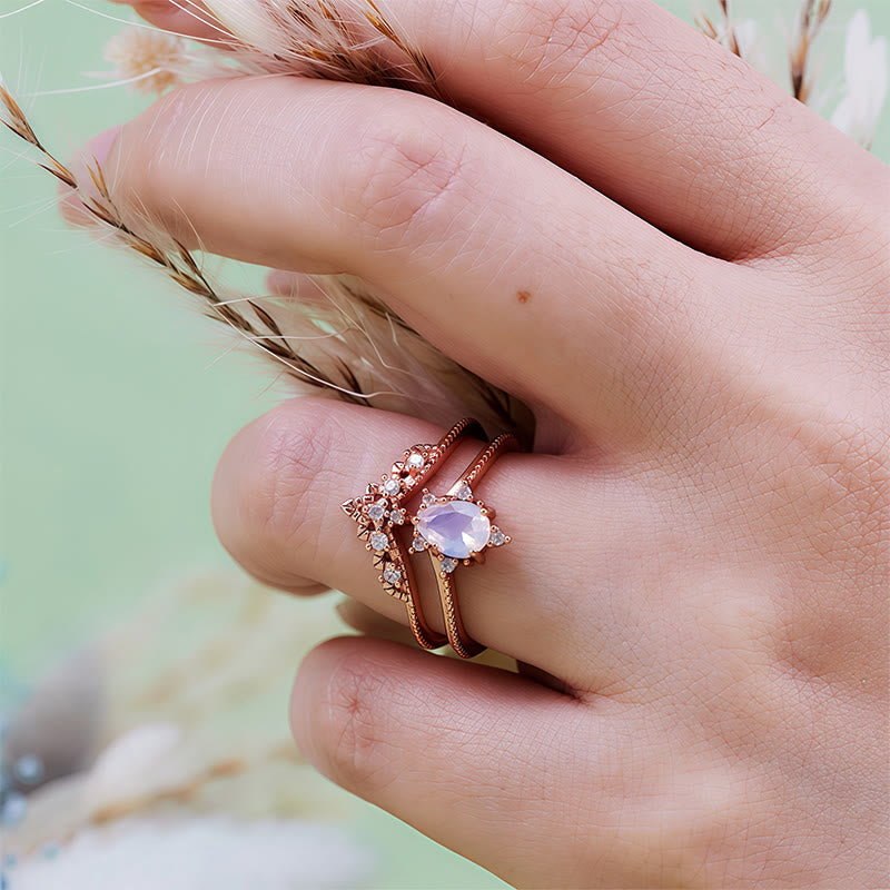 Olivenorma Lot de 2 bagues couronne en opalite et diamants synthétiques