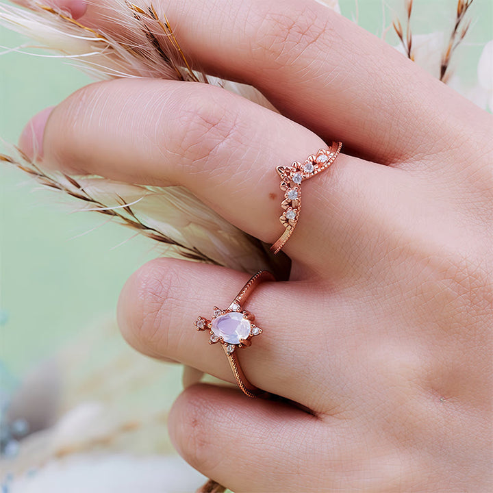 Olivenorma Lot de 2 bagues couronne en opalite et diamants synthétiques