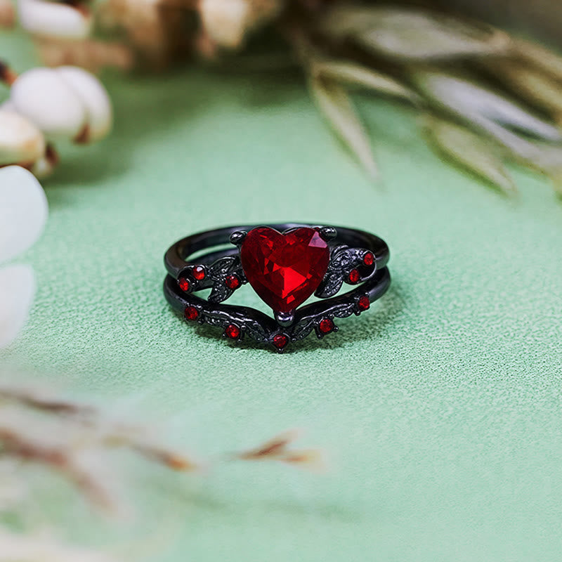 Olivenorma Lot de 2 bagues en forme de cœur avec rubis et quartz noir