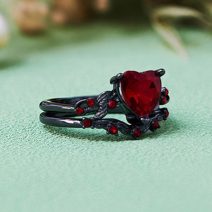 Olivenorma Lot de 2 bagues en forme de cœur avec rubis et quartz noir