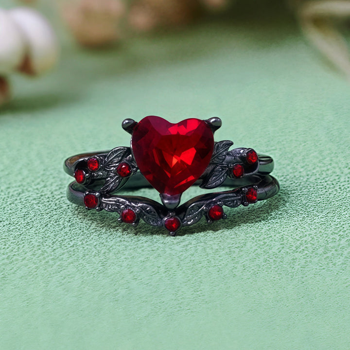 Olivenorma Lot de 2 bagues en forme de cœur avec rubis et quartz noir