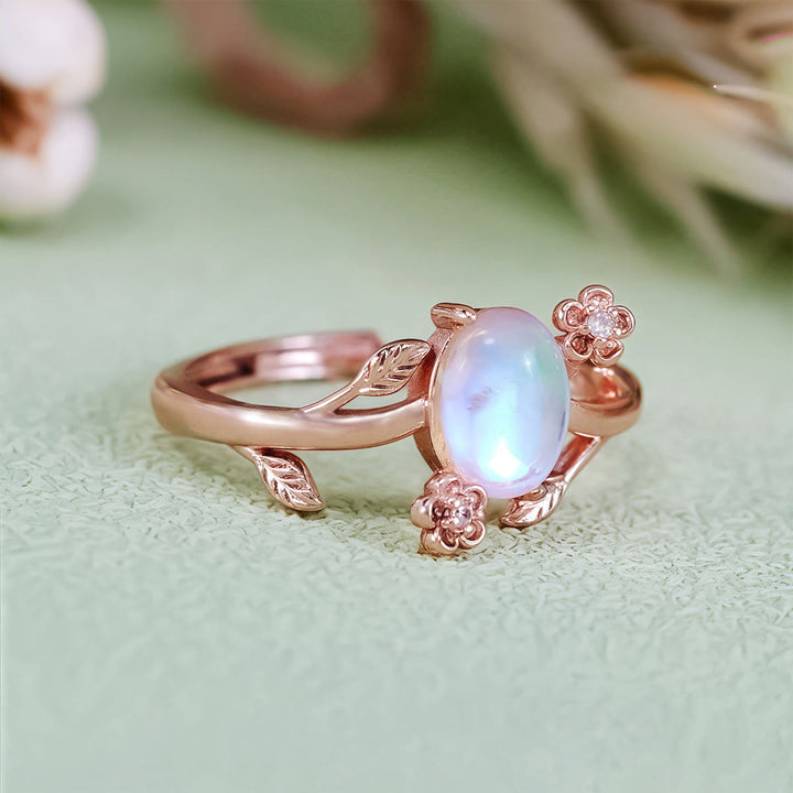 Bague en pierre de lune ovale à fleur de vigne Olivenorma