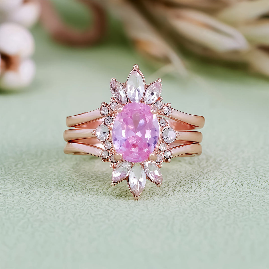 Ensemble de 3 bagues Olivenorma en tourmaline rose et moissanite