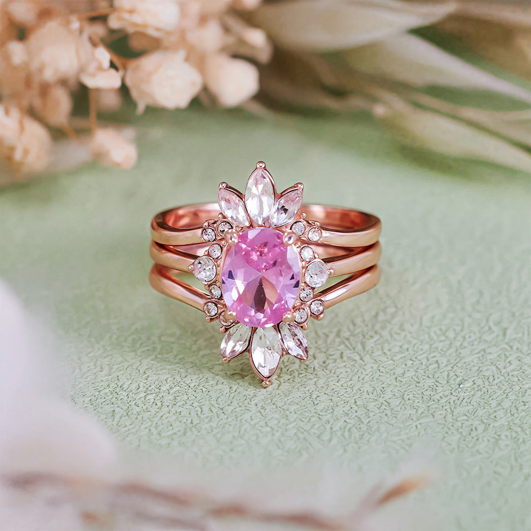 Ensemble de 3 bagues Olivenorma en tourmaline rose et moissanite
