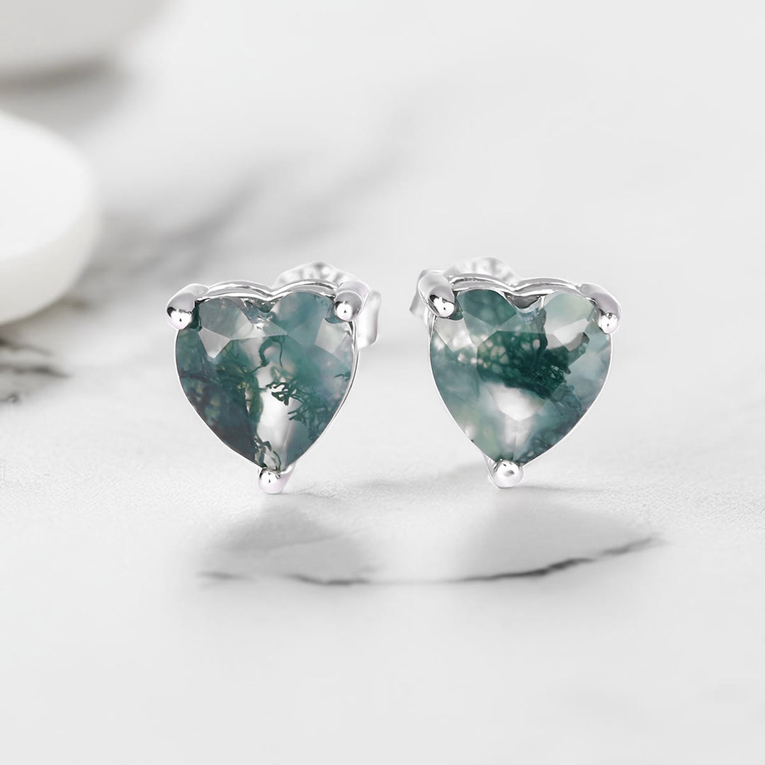 Boucles d'oreilles, collier et bague en agate mousse taillée en cœur Olivenorma