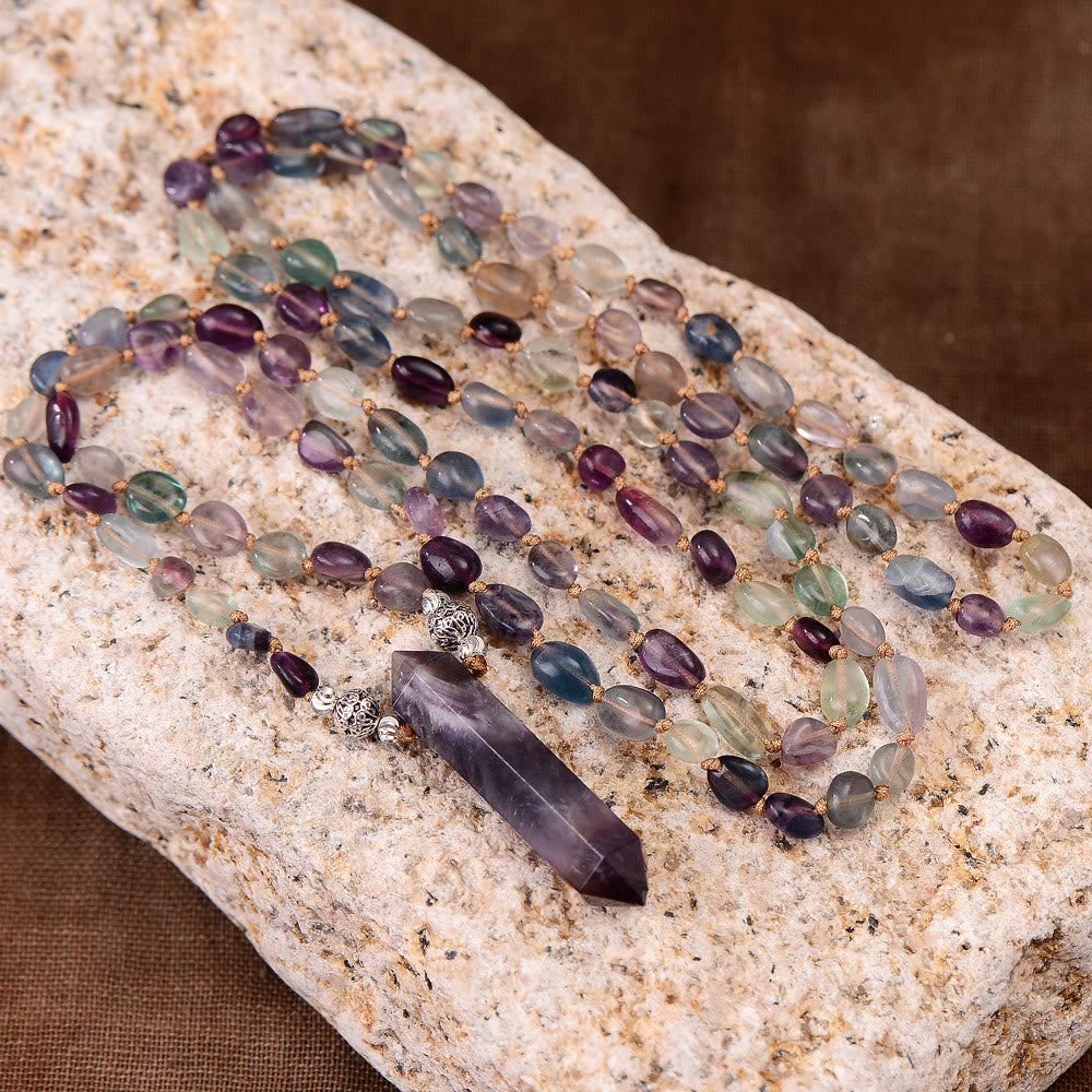 Collier pendentif hexagonal en améthyste et fluorite Olivenorma