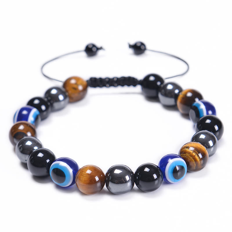 Bracelet Olivenorma en obsidienne, hématite, bleu et rouge, œil de tigre