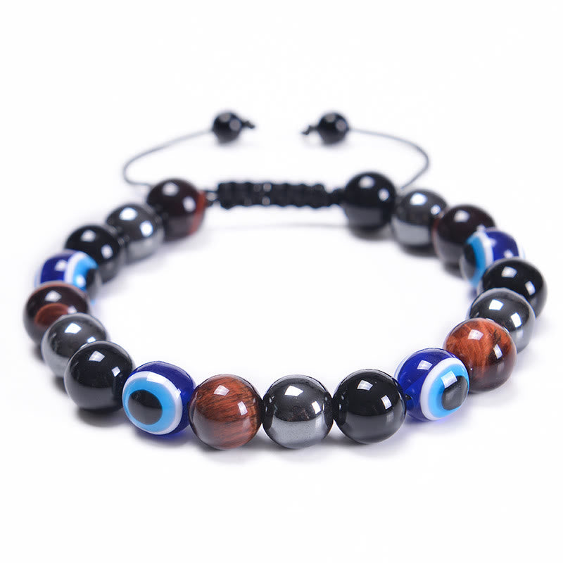 Bracelet Olivenorma en obsidienne, hématite, bleu et rouge, œil de tigre