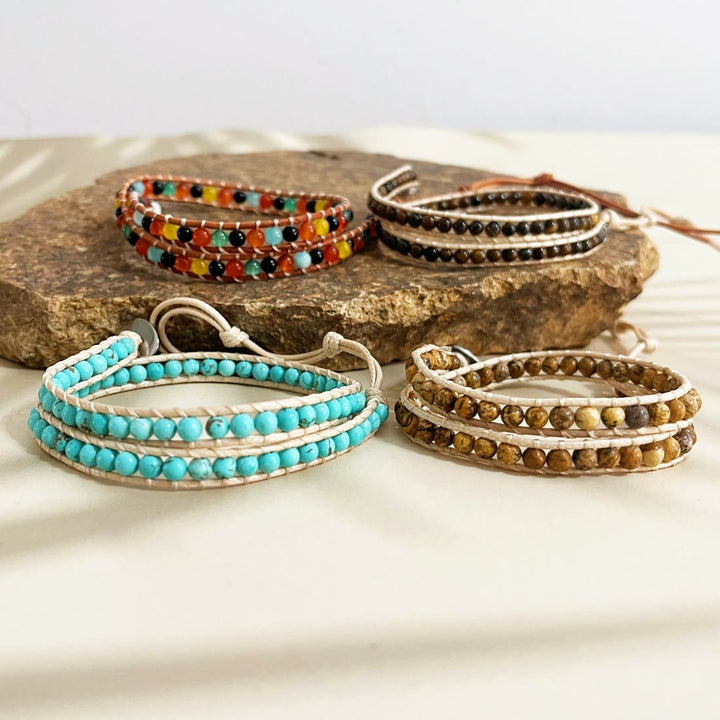 Bracelet tressé en cuir et perles de pierre naturelle Olivenorma