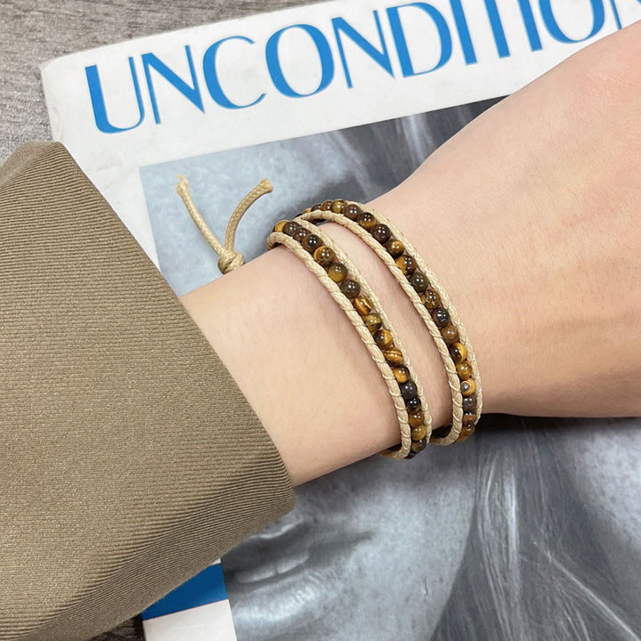 Bracelet tressé en cuir et perles de pierre naturelle Olivenorma