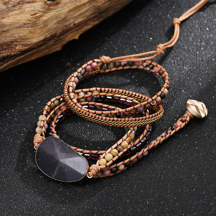 Bracelet tressé Olivenorma en jaspe photo, améthyste et rhodonite