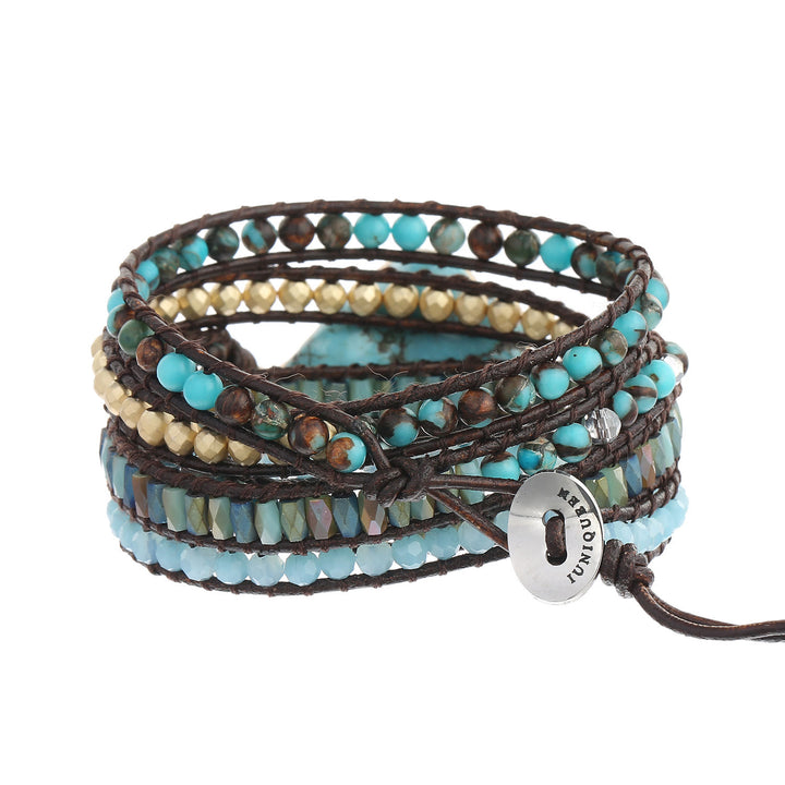 Bracelet tressé multi-tours Olivenorma en turquoise irrégulière et aigue-marine