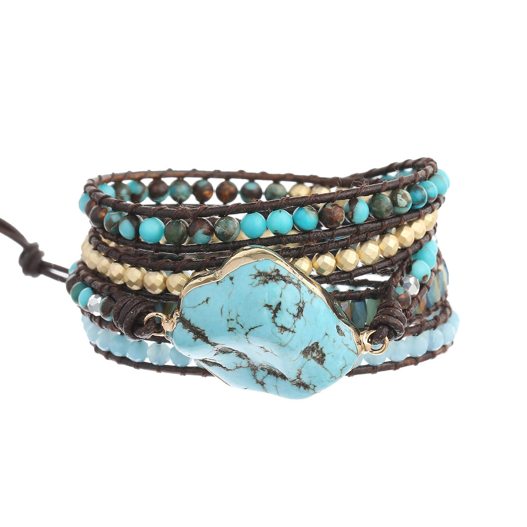 Bracelet tressé multi-tours Olivenorma en turquoise irrégulière et aigue-marine