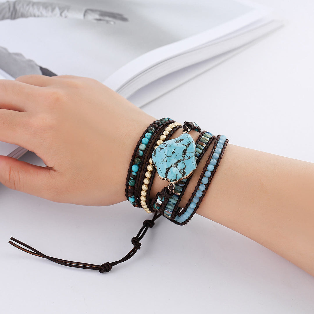 Bracelet tressé multi-tours Olivenorma en turquoise irrégulière et aigue-marine