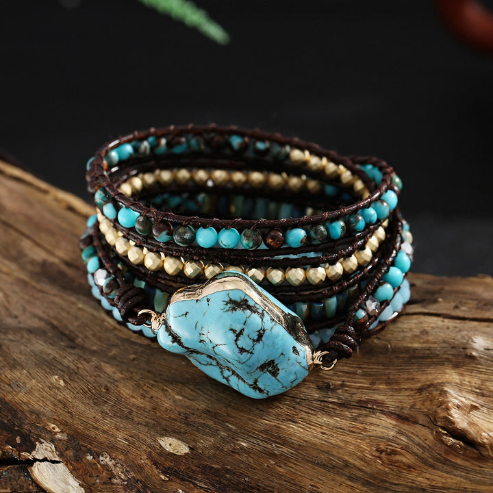 Bracelet tressé multi-tours Olivenorma en turquoise irrégulière et aigue-marine