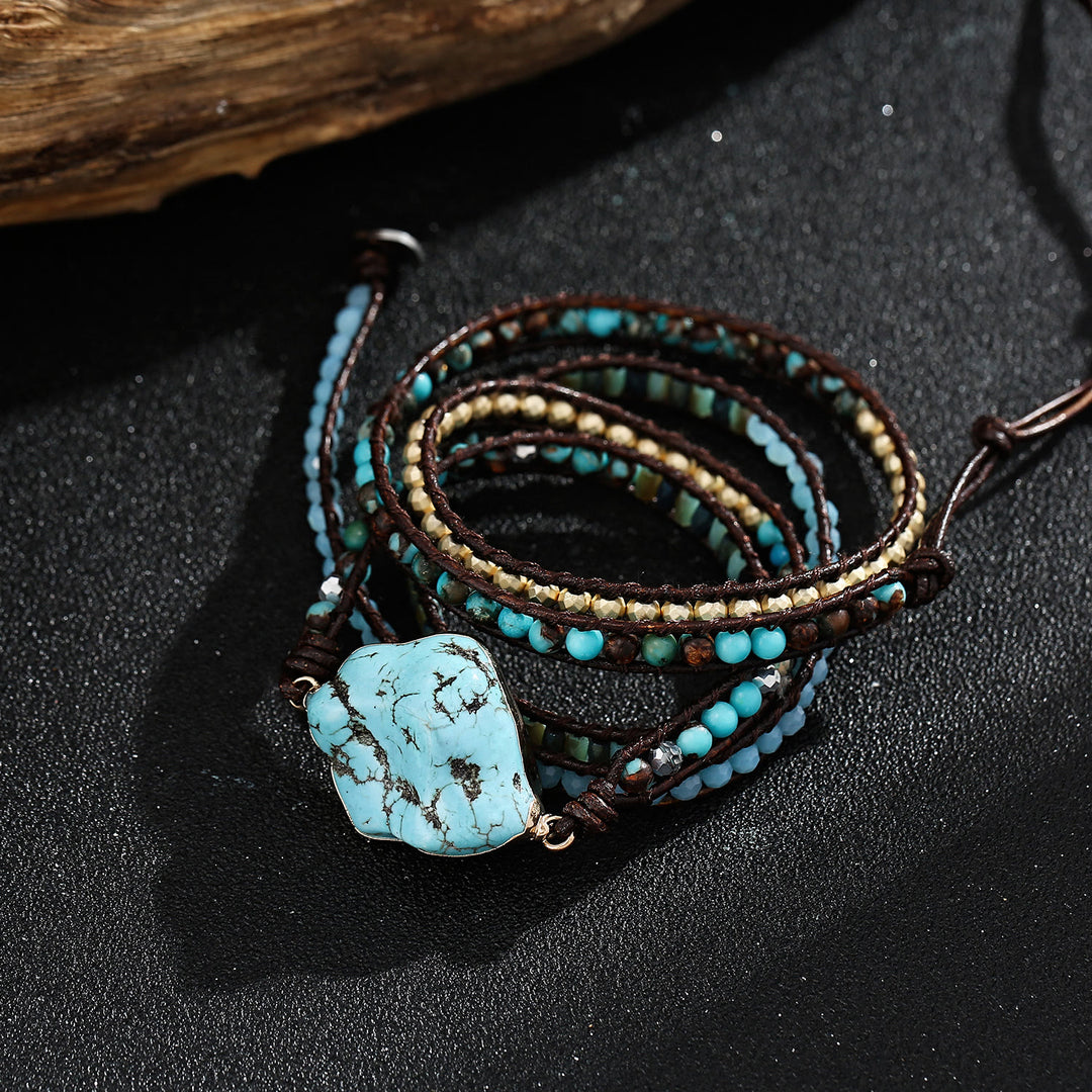 Bracelet tressé multi-tours Olivenorma en turquoise irrégulière et aigue-marine