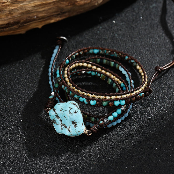 Bracelet tressé multi-tours Olivenorma en turquoise irrégulière et aigue-marine
