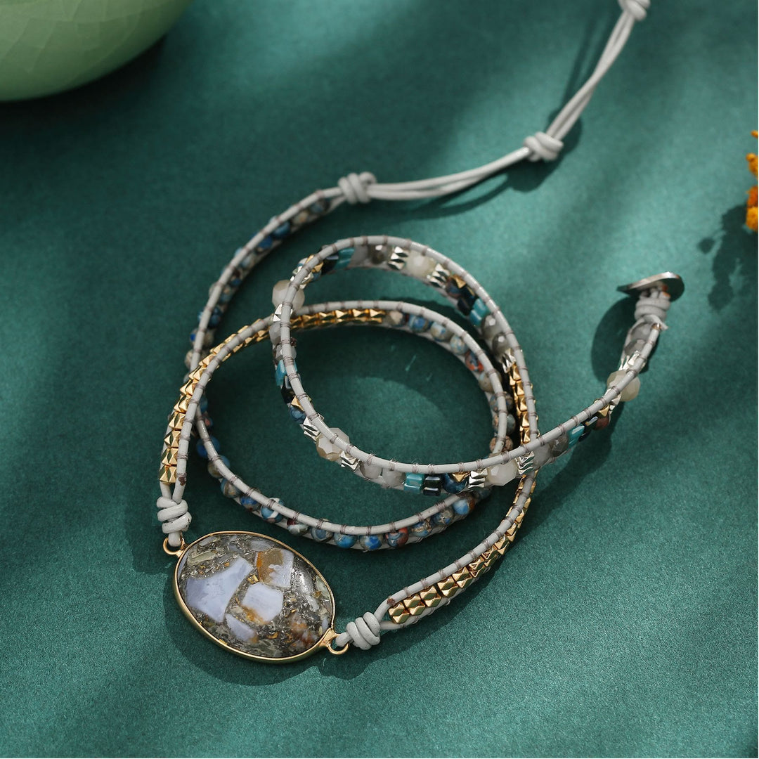 Bracelet tressé multi-tours Olivenorma en jaspe océanique et calcédoine bleue