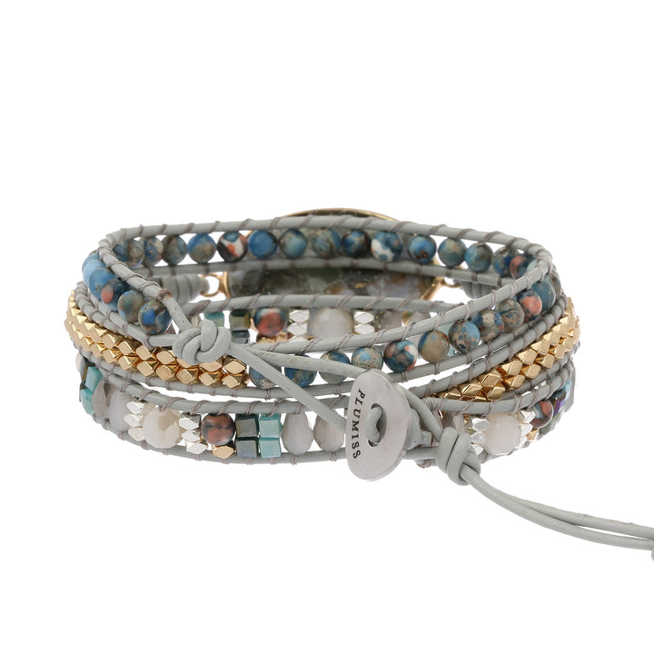 Bracelet tressé multi-tours Olivenorma en jaspe océanique et calcédoine bleue