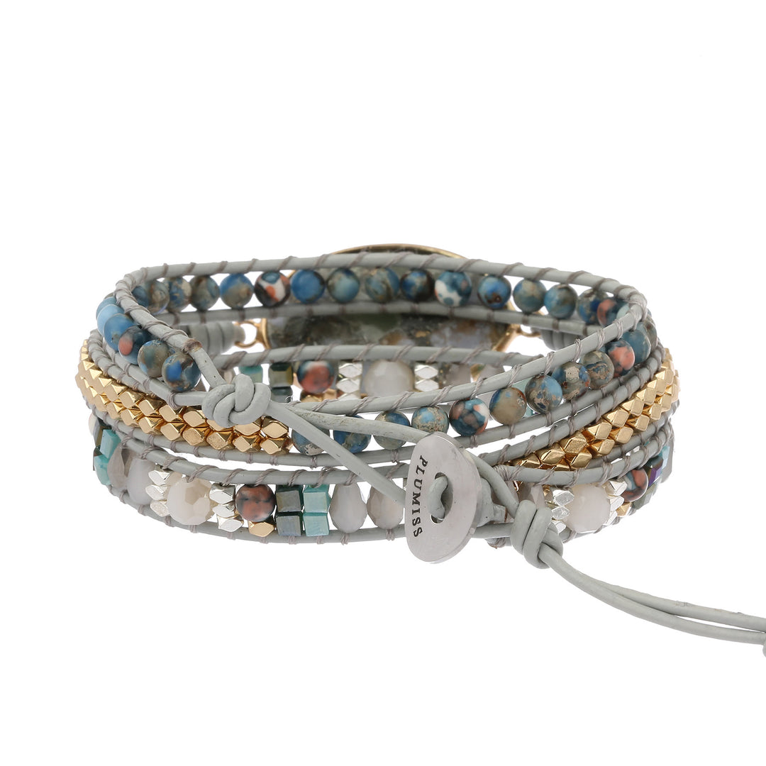 Bracelet tressé multi-tours Olivenorma en jaspe océanique et calcédoine bleue