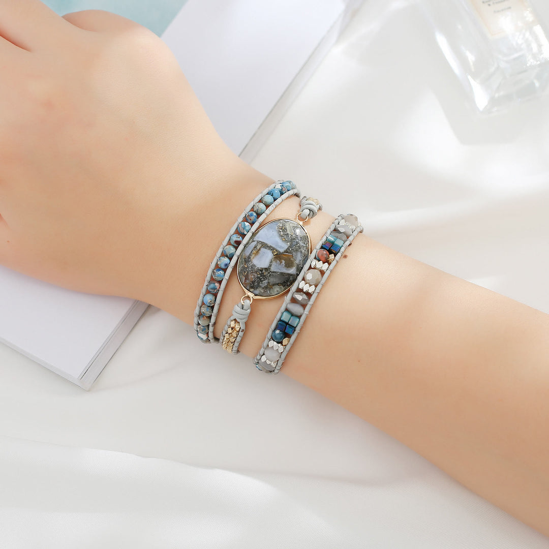 Bracelet tressé multi-tours Olivenorma en jaspe océanique et calcédoine bleue