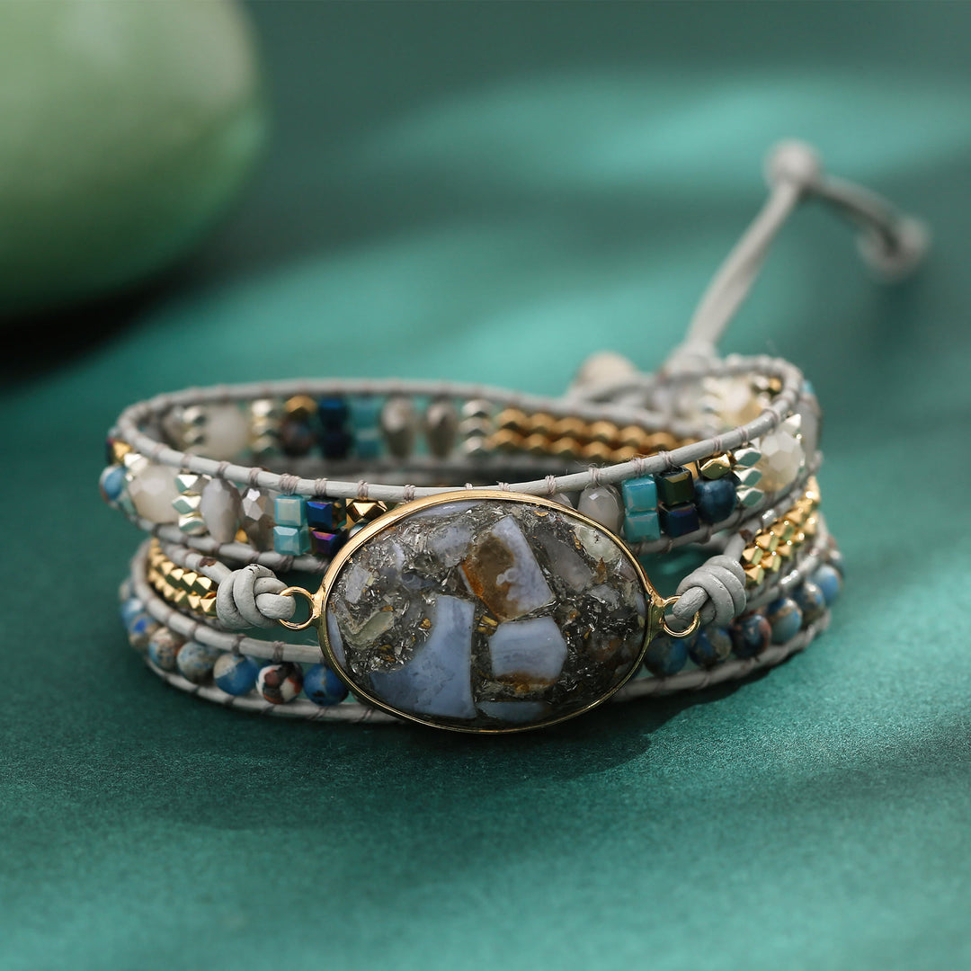 Bracelet tressé multi-tours Olivenorma en jaspe océanique et calcédoine bleue