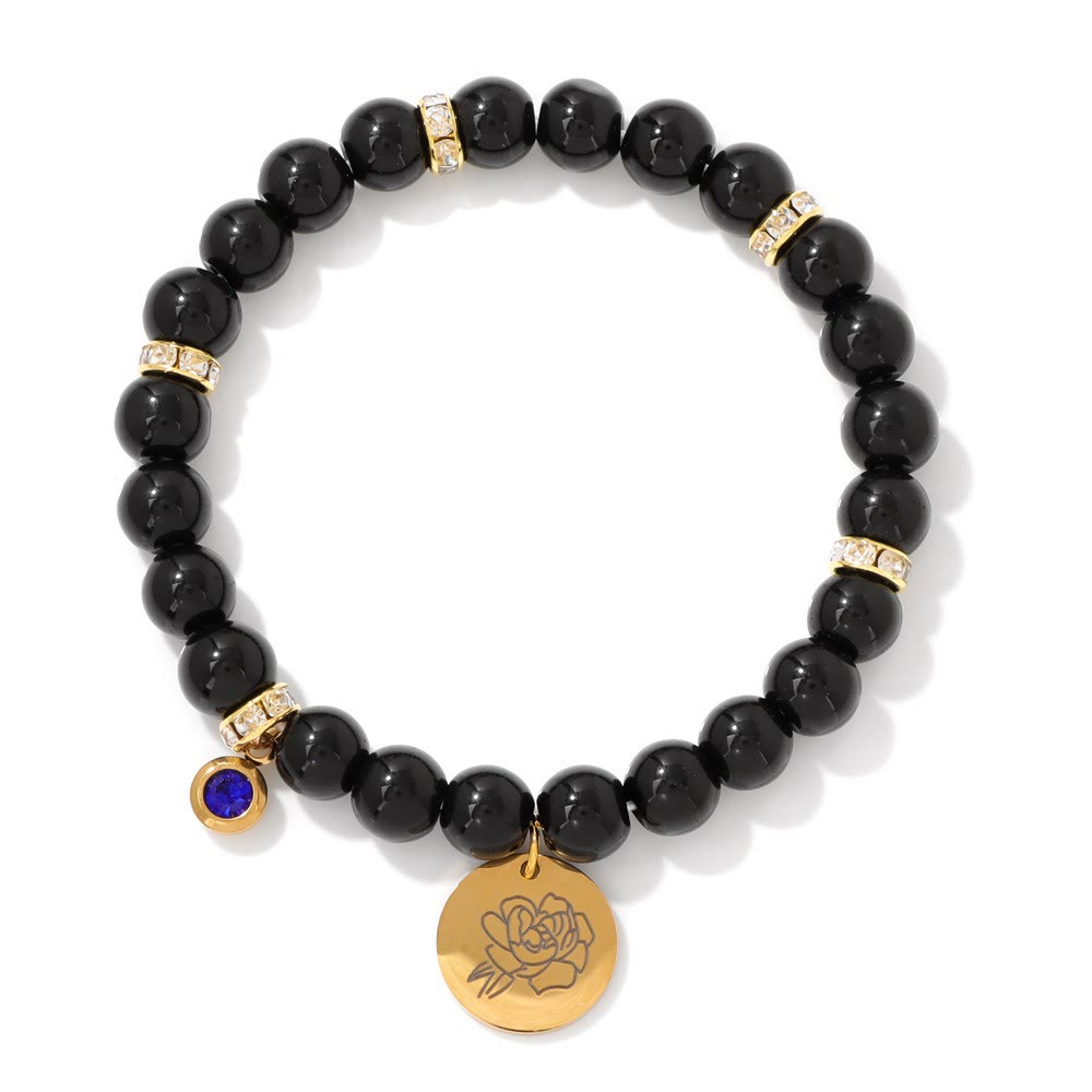 Bracelet Olivenorma en perles d'obsidienne de 8 mm avec fleur de naissance