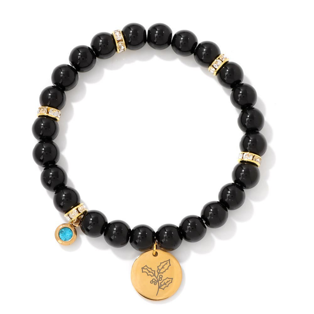 Bracelet Olivenorma en perles d'obsidienne de 8 mm avec fleur de naissance