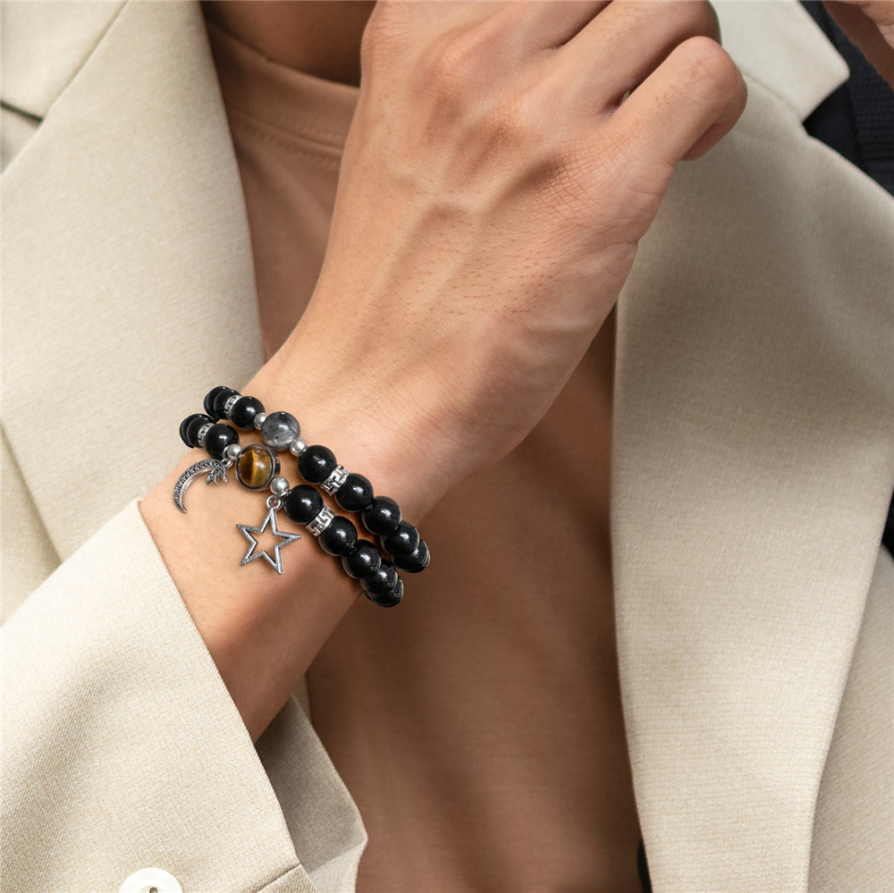 Ensemble de bracelets pendentifs lune et étoile en perles de pierre naturelle Olivenorma