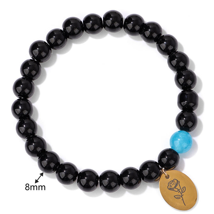 Bracelet en métal Olivenorma avec perles d'obsidienne de 8 mm et fleur de naissance