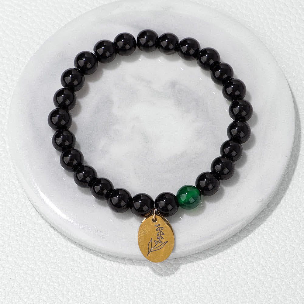 Bracelet en métal Olivenorma avec perles d'obsidienne de 8 mm et fleur de naissance