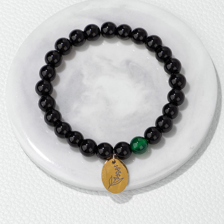 Bracelet en métal Olivenorma avec perles d'obsidienne de 8 mm et fleur de naissance