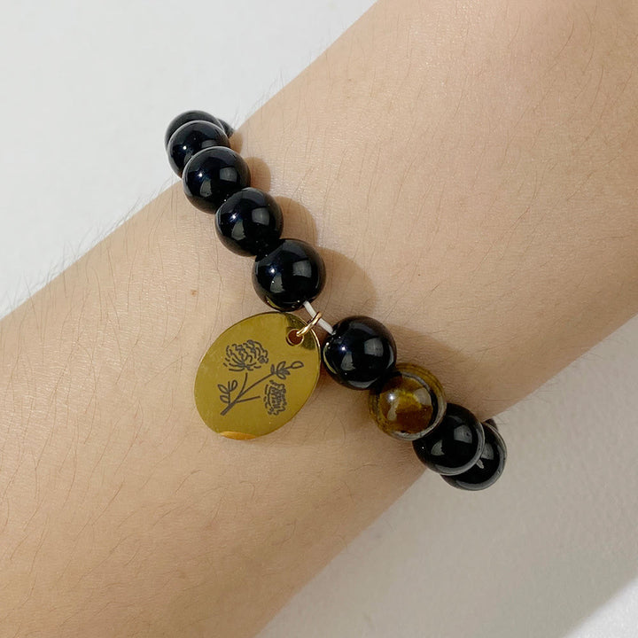 Bracelet en métal Olivenorma avec perles d'obsidienne de 8 mm et fleur de naissance