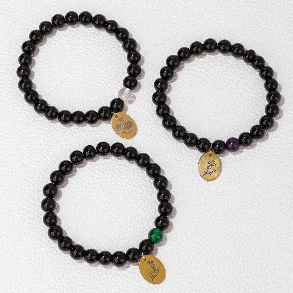 Bracelet en métal Olivenorma avec perles d'obsidienne de 8 mm et fleur de naissance